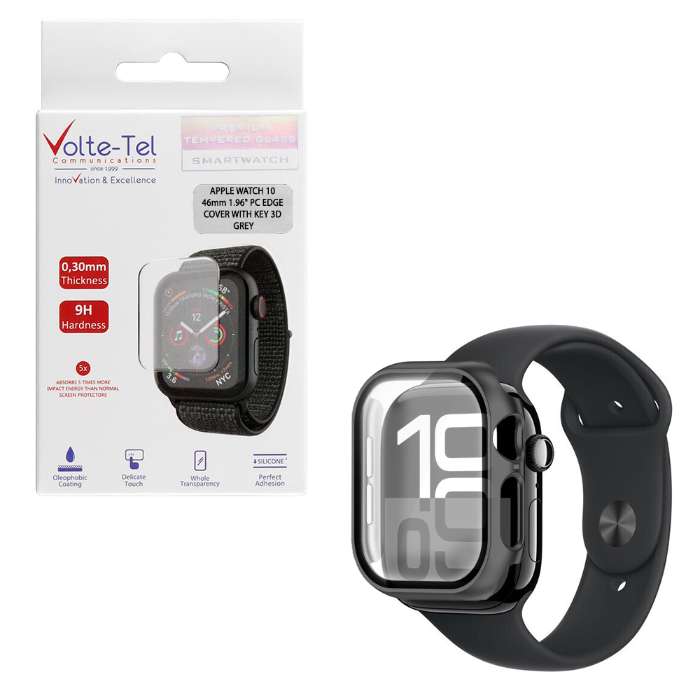 VOLTE-TEL PC EDGE COVER TEMPERED GLASS APPLE WATCH 10/ WATCH 11 46mm 1.96in 9H 0.30mm WITH KEY 3D FULL GLUE FULL COVER GREY