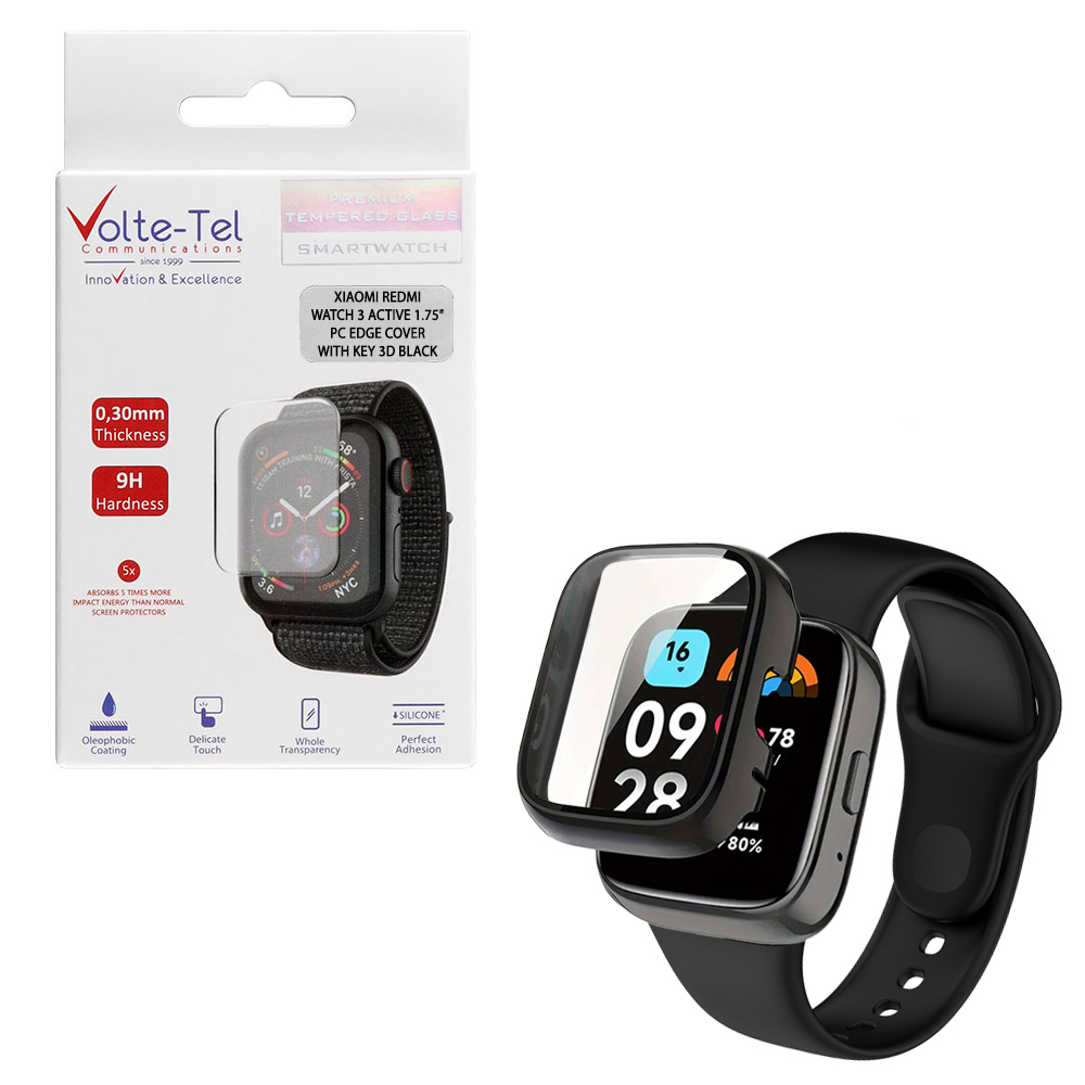 VOLTE-TEL PC EDGE COVER TEMPERED GLASS XIAOMI REDMI WATCH 3 ACTIVE 1.75in 9H 0.30mm WITH KEY 3D FULL GLUE FULL COVER BLACK