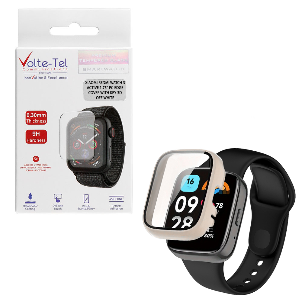 VOLTE-TEL PC EDGE COVER TEMPERED GLASS XIAOMI REDMI WATCH 3 ACTIVE 1.75in 9H 0.30mm WITH KEY 3D FULL GLUE FULL COVER OFF WHITE