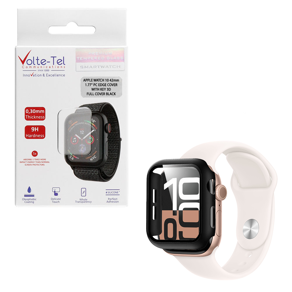 VOLTE-TEL TEMPERED GLASS APPLE WATCH 10/ WATCH 11 46mm 1.96" 9H 0.30mm 3D EDGE 1.96" 0.30mm FULL GLUE FULL COVER BLACK
