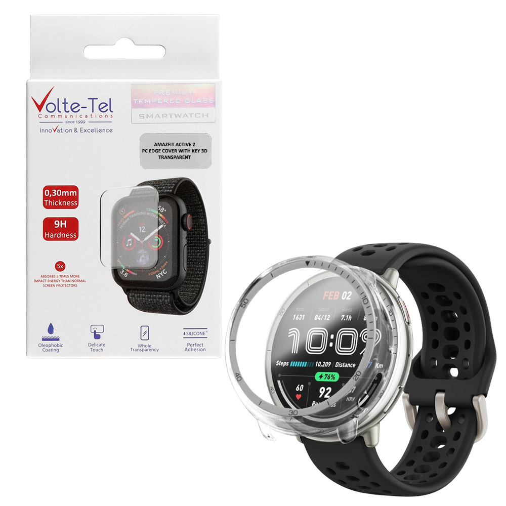 VOLTE-TEL TEMPERED GLASS WATCH AMAZFIT ACTIVE 2 1.32" 9H 0.30mm PC EDGE COVER WITH KEY 3D FULL GLUE FULL COVER TRANSPARENT