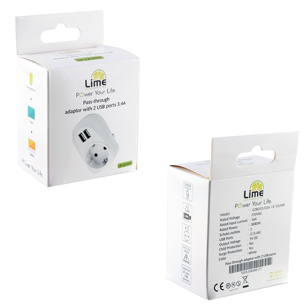 LIME ΑΝΤΑΠΤΟΡΑΣ ΣΟΥΚΟ LS-12USW 16A ΜΕ 2 USB ΘΥΡΕΣ 3.4A ΜΕ ΠΑΙΔΙΚΗ ΠΡΟΣΤΑΣΙΑ/ΓΕΙΩΣΗ ΚΑΙ ΥΠΕΡΤΑΣΗΣ ΣΤΙΣ 2 ΘΥΡΕΣ USB ΑΣΠΡΟ - Image 2