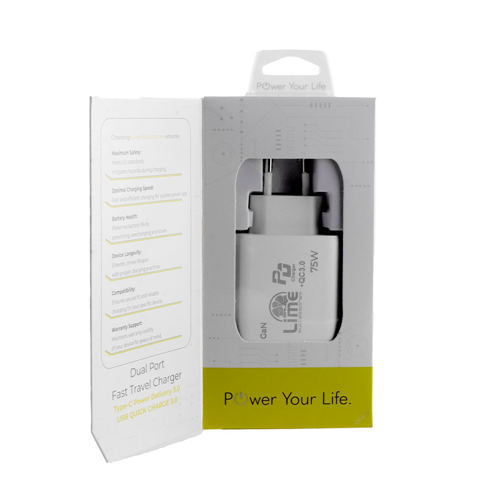 LIME TYPE C GAN PD 3.0 DUAL SUPER FAST TRAVEL LTC75W 4.0A PD 54W + USB QC 3.0 21W TOTAL 75W WHITE - Image 4
