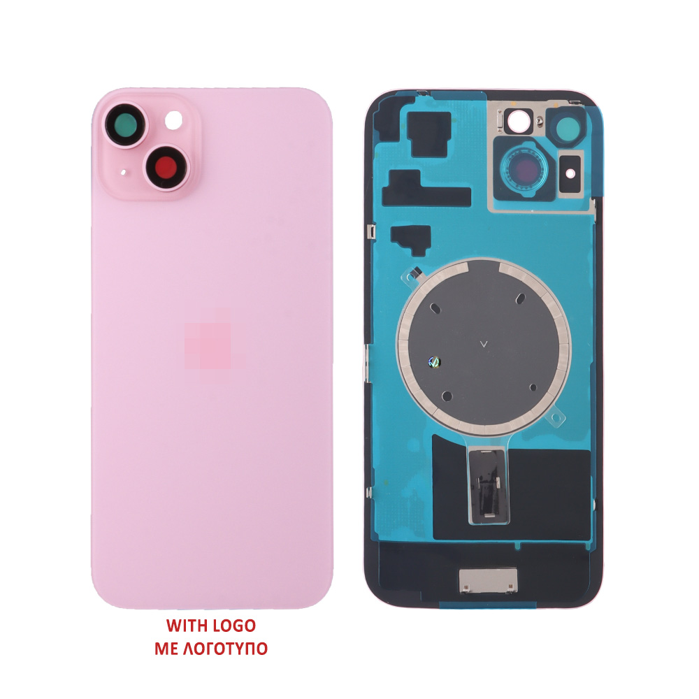 FOR IPHONE 15 BATTERY COVER + CAMERA LENS + METAL PLATE + MAGSAFE PINK