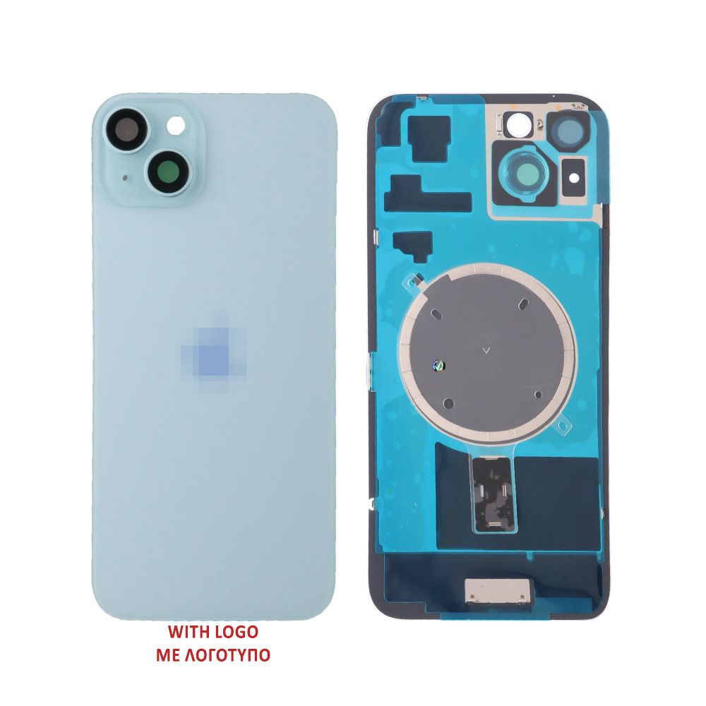 FOR IPHONE 15 BATTERY COVER + CAMERA LENS + METAL PLATE + MAGSAFE BLUE