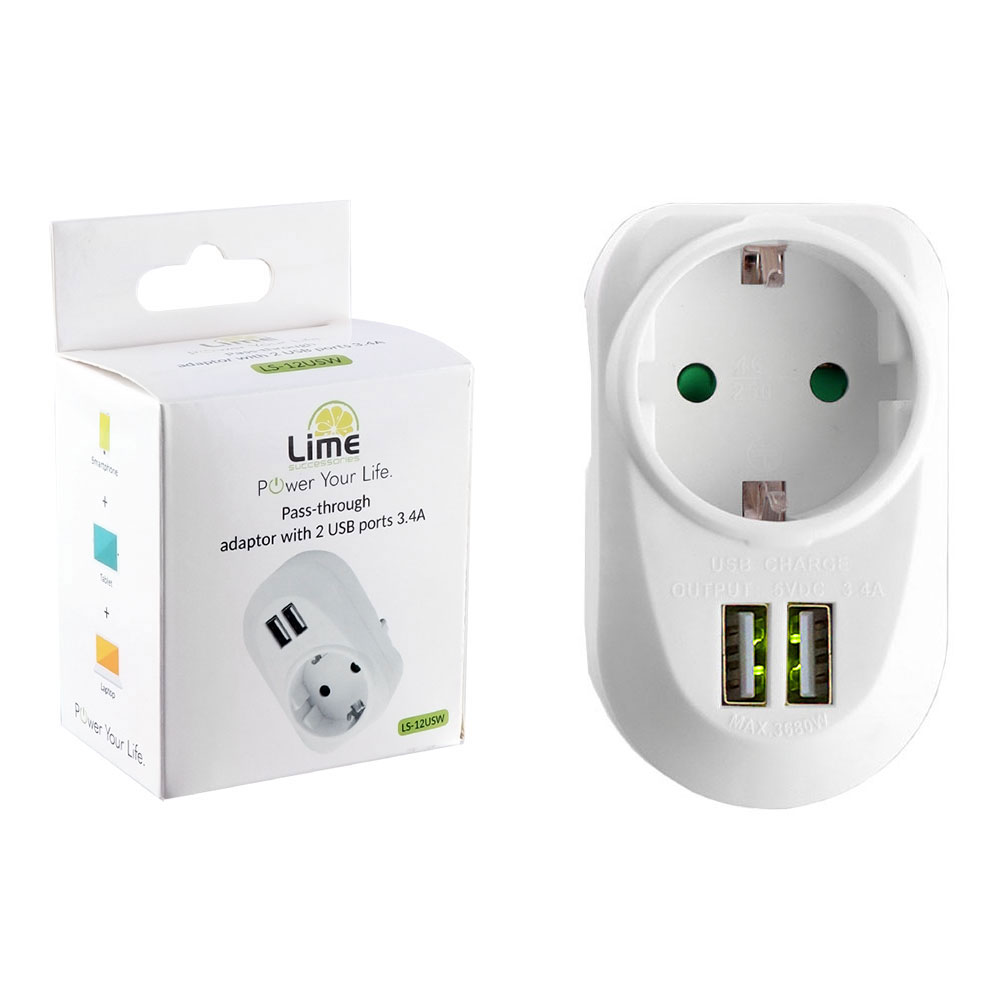 LIME ΑΝΤΑΠΤΟΡΑΣ ΣΟΥΚΟ LS-12USW 16A ΜΕ 2 USB ΘΥΡΕΣ 3.4A ΜΕ ΠΑΙΔΙΚΗ ΠΡΟΣΤΑΣΙΑ/ΓΕΙΩΣΗ ΚΑΙ ΥΠΕΡΤΑΣΗΣ ΣΤΙΣ 2 ΘΥΡΕΣ USB ΑΣΠΡΟ