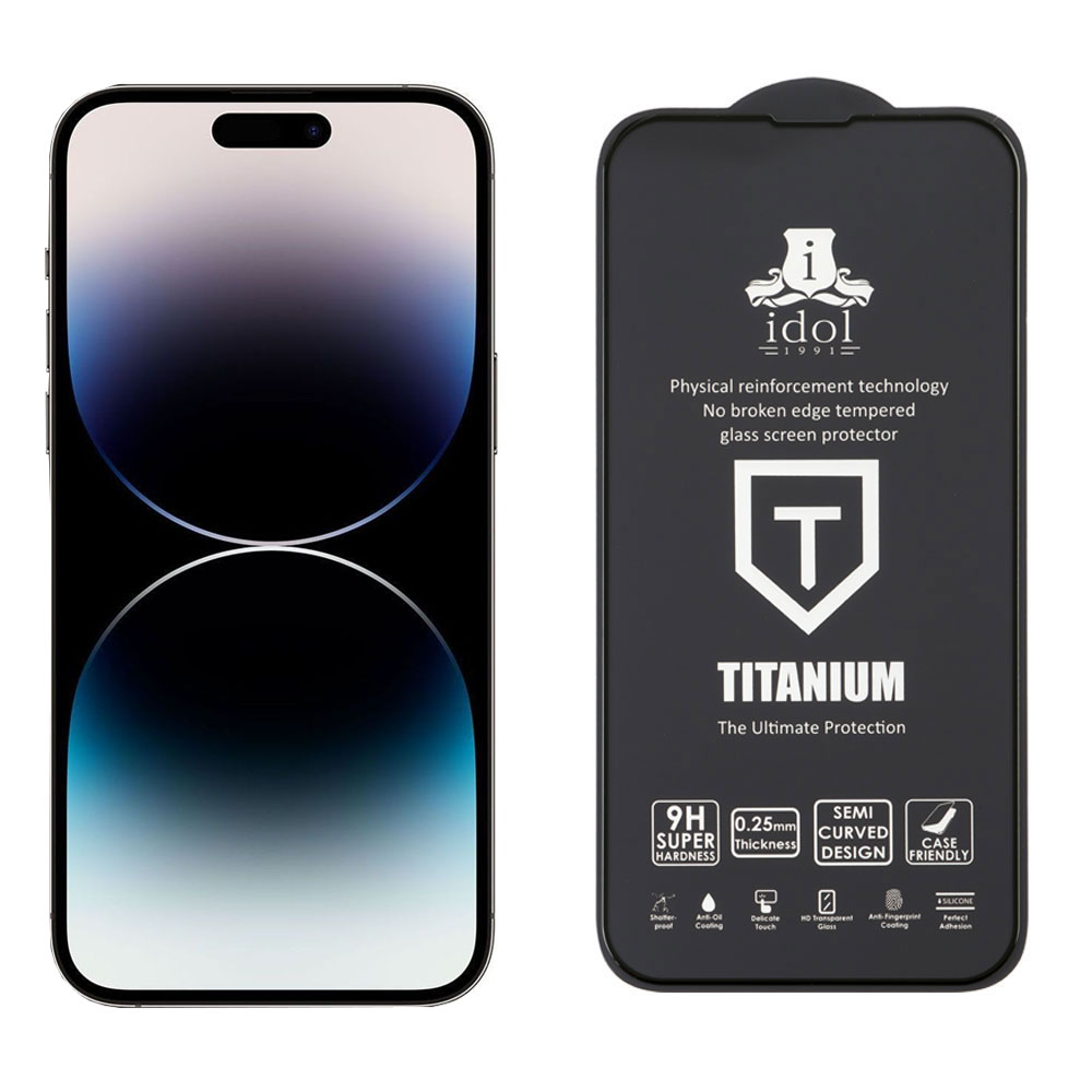 IDOL 1991 TITANIUM TEMPERED GLASS IPHONE 14 PRO MAX 6.7in 9H 0.25mm SEMI CURVED FULL GLUE BLACK - Image 5