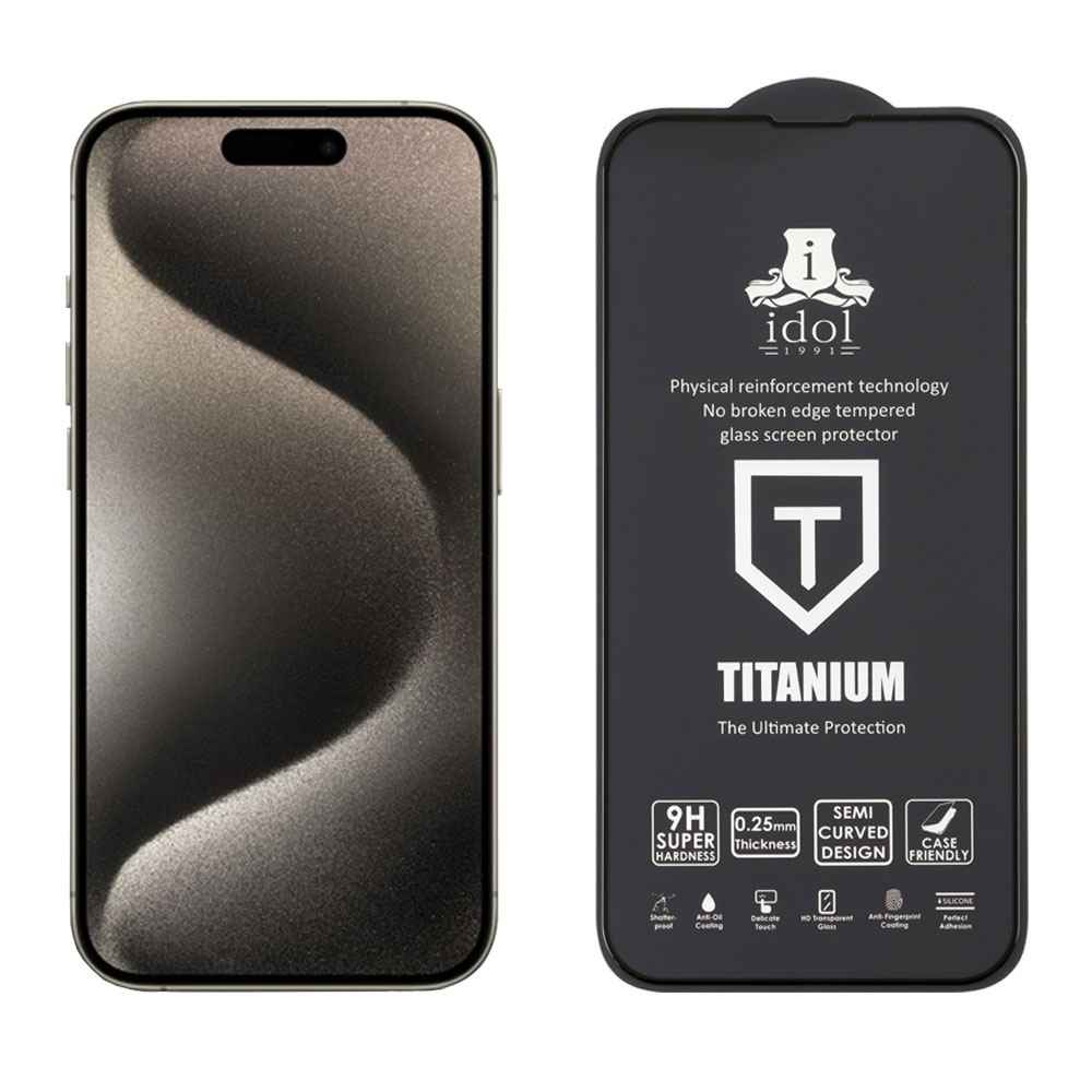 IDOL 1991 TITANIUM TEMPERED GLASS IPHONE 15 PRO 6.1in 9H 0.25mm SEMI CURVED FULL GLUE BLACK - Image 5