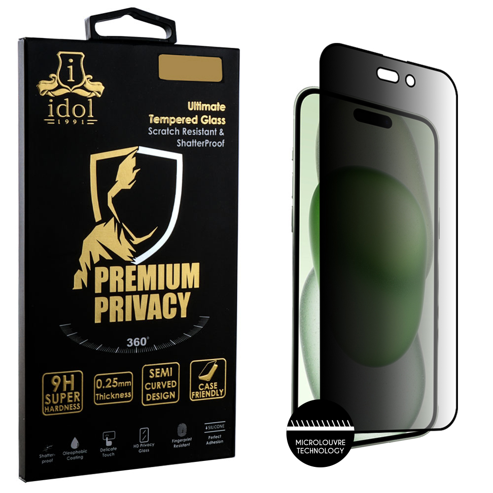 IDOL 1991 PREMIUM PRIVACY ANTISPY TEMPERED GLASS IPHONE 15 PLUS 6.7in 9H 0.25mm SEMI CURVED FULL GLUE BLACK