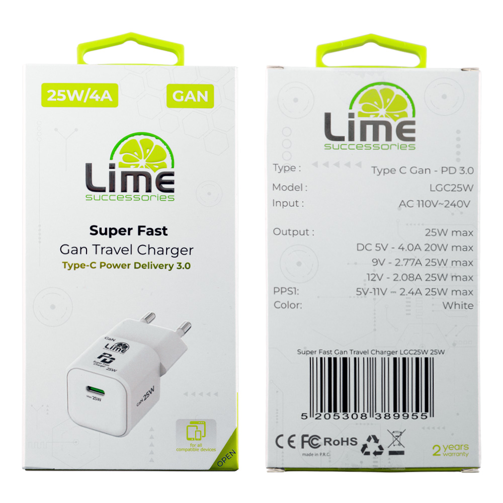 LIME TYPE C MINI GAN PD 3.0 SUPER FAST TRAVEL LGC25W 5V 4.0A/ 9V 2.77A/ 12V 2.08A 25W WHITE - Image 2