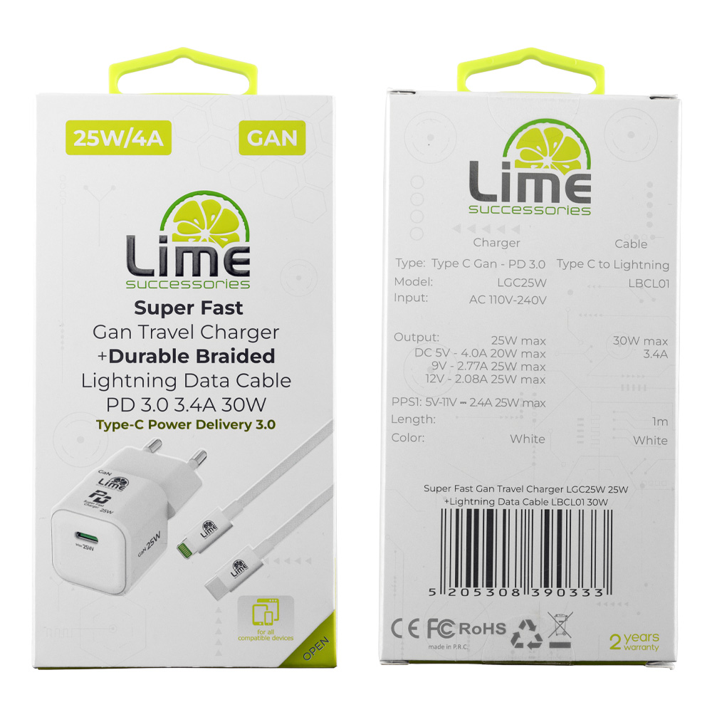 LIME TYPE C MINI GAN PD 3.0 SUPER FAST TRAVEL LGC25W 5V 4.0A/ 9V 2.77A 25W+ BRAIDED ΦΟΡΤΙΣΗΣ-DATA LBCL01 TYPE C TO LIGHTNING 30 - Image 2