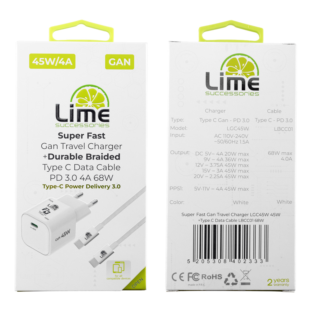 LIME TYPE C GAN PD 3.0 SUPER FAST TRAVEL QC 3.0 LGC45W 5V 4.0A /9V 4A 45W + ΦΟΡΤΙΣΗΣ-DATA LBCC01 TYPE C TO TYPE C 68W WHITE - Image 2