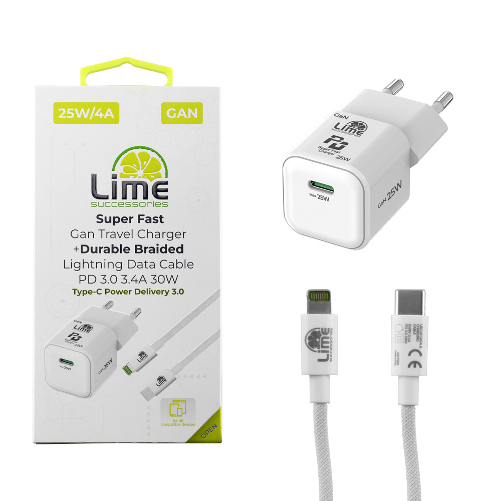 LIME TYPE C MINI GAN PD 3.0 SUPER FAST TRAVEL LGC25W 5V 4.0A/ 9V 2.77A 25W+ BRAIDED ΦΟΡΤΙΣΗΣ-DATA LBCL01 TYPE C TO LIGHTNING 30