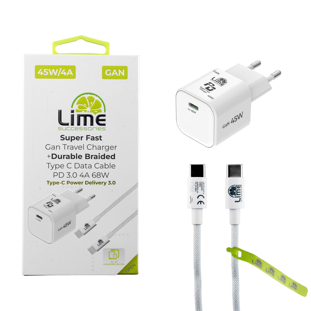 LIME TYPE C GAN PD 3.0 SUPER FAST TRAVEL QC 3.0 LGC45W 5V 4.0A /9V 4A 45W + ΦΟΡΤΙΣΗΣ-DATA LBCC01 TYPE C TO TYPE C 68W WHITE