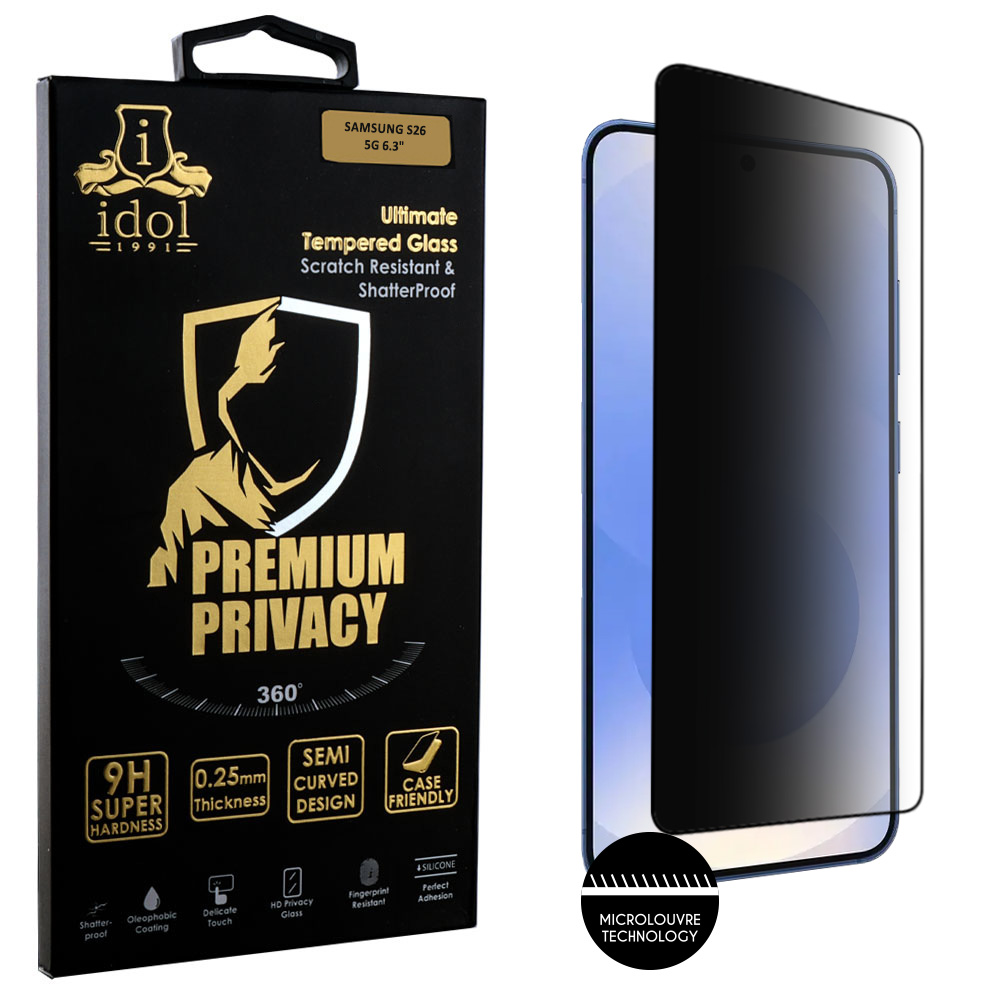 IDOL 1991 TEMPERED GLASS SAMSUNG S26 5G 6.3" 9H 0.25mm PREMIUM PRIVACY ANTISPY SEMI CURVED FINGER UNLOCK FULL GLUE BLACK