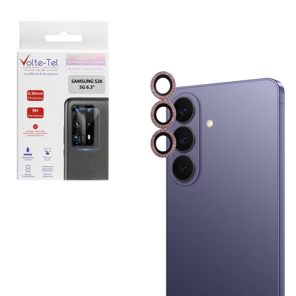 VOLTE-TEL CAMERA GLASS COVER SAMSUNG S26 5G 6.3" 9H 0.33MM EASY APPLICATION WITH STRASS PINK