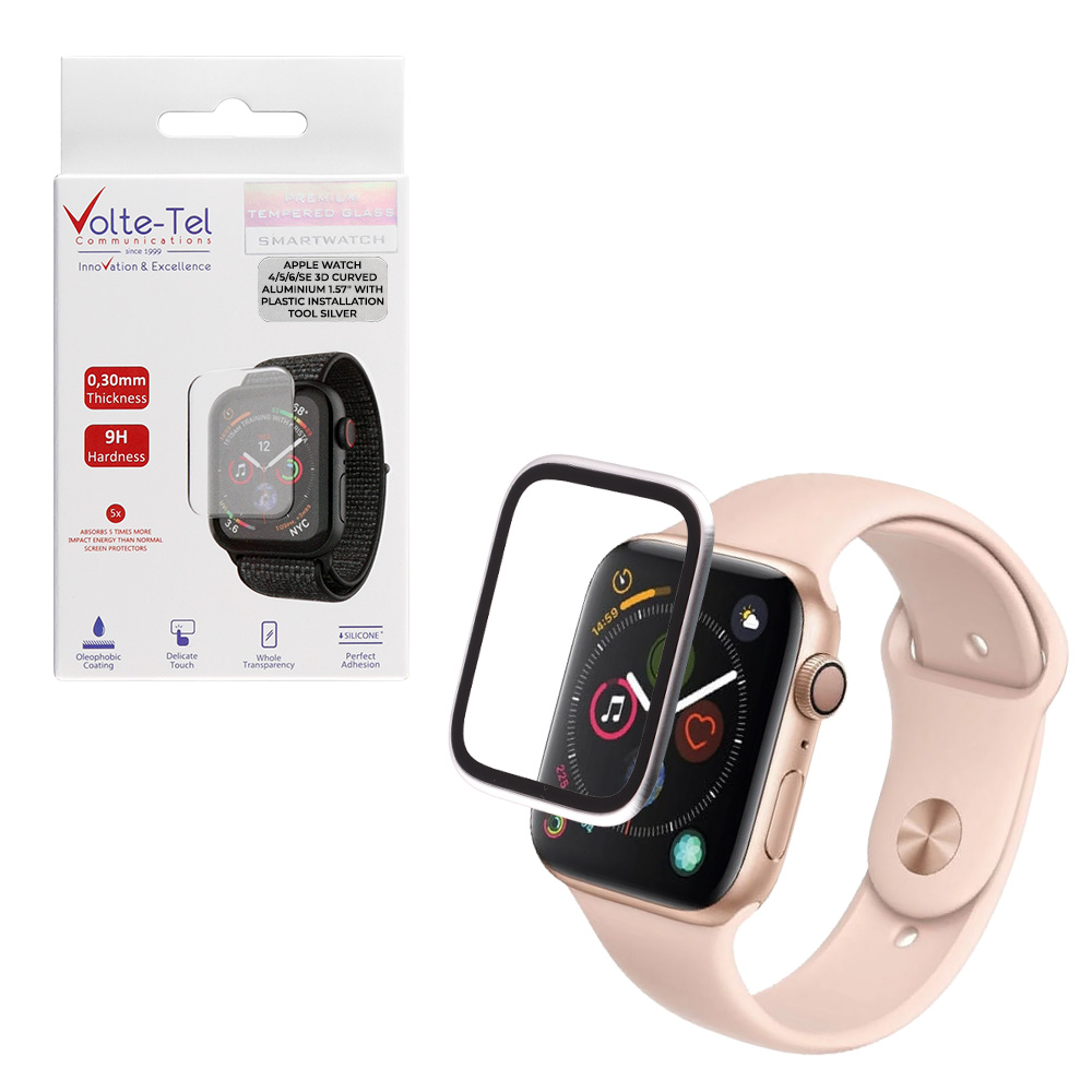 VOLTE-TEL TEMPERED GLASS APPLE WATCH 4/5/6/SE 40mm 3D CURVED ALUMINIUM 1.57" 0.30mm FULL COVER & INSTALLATION TOOL SILVER