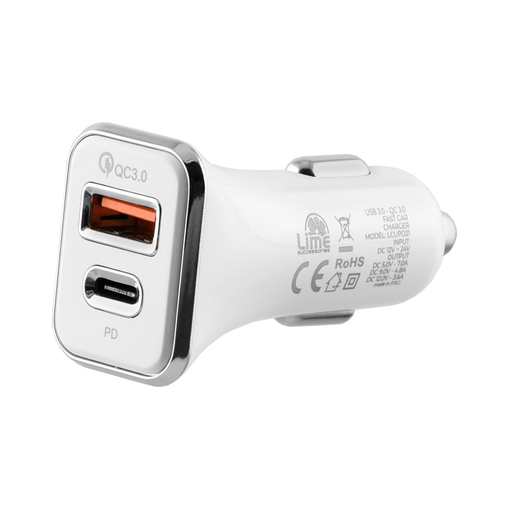 LIME DUAL ΦΟΡΤΙΣΤΗΣ ΑΥΤΟΚΙΝΗΤΟΥ USB 3.0/PD TYPE C FAST CAR CHARGER QC 3.0 LCUPD21 40W 5V-7A/9V-4.8A/12V-3.6A WHITE - Image 2