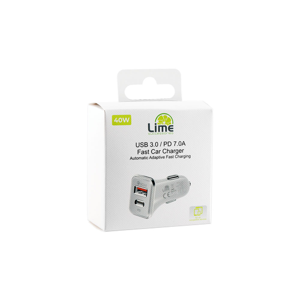 LIME DUAL ΦΟΡΤΙΣΤΗΣ ΑΥΤΟΚΙΝΗΤΟΥ USB 3.0/PD TYPE C FAST CAR CHARGER QC 3.0 LCUPD21 40W 5V-7A/9V-4.8A/12V-3.6A WHITE - Image 4