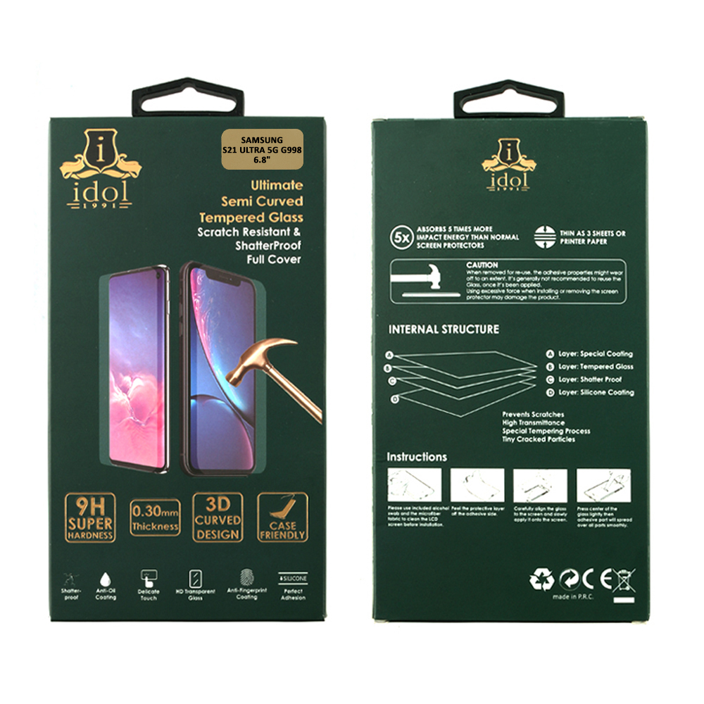 IDOL 1991 TEMPERED GLASS SAMSUNG S21 ULTRA 5G G998 6.8in 9H 0.25mm 3D EDGE GLUE SEMI CURVED FINGER UNLOCK BLACK - Image 2