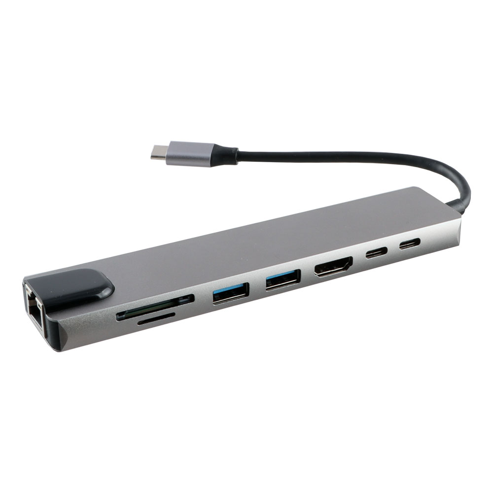 NSP N14 8 IN 1 USB-C HUB TYPE C TO HDMI 4K 30HZ/2 USB 480Mbps/PD 87W/USB C/F / SD/TF USB 2.0 /RJ45 100Mbps ALU GREY - Image 2