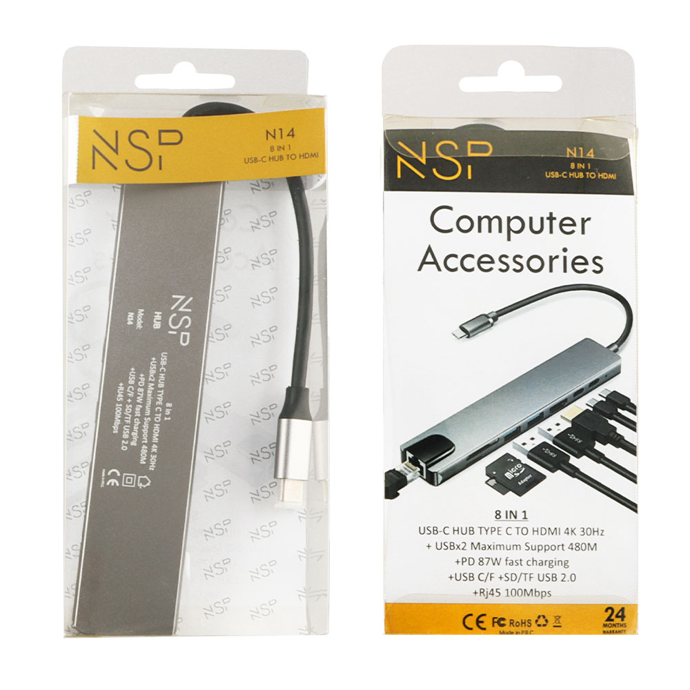 NSP N14 8 IN 1 USB-C HUB TYPE C TO HDMI 4K 30HZ/2 USB 480Mbps/PD 87W/USB C/F / SD/TF USB 2.0 /RJ45 100Mbps ALU GREY - Image 5