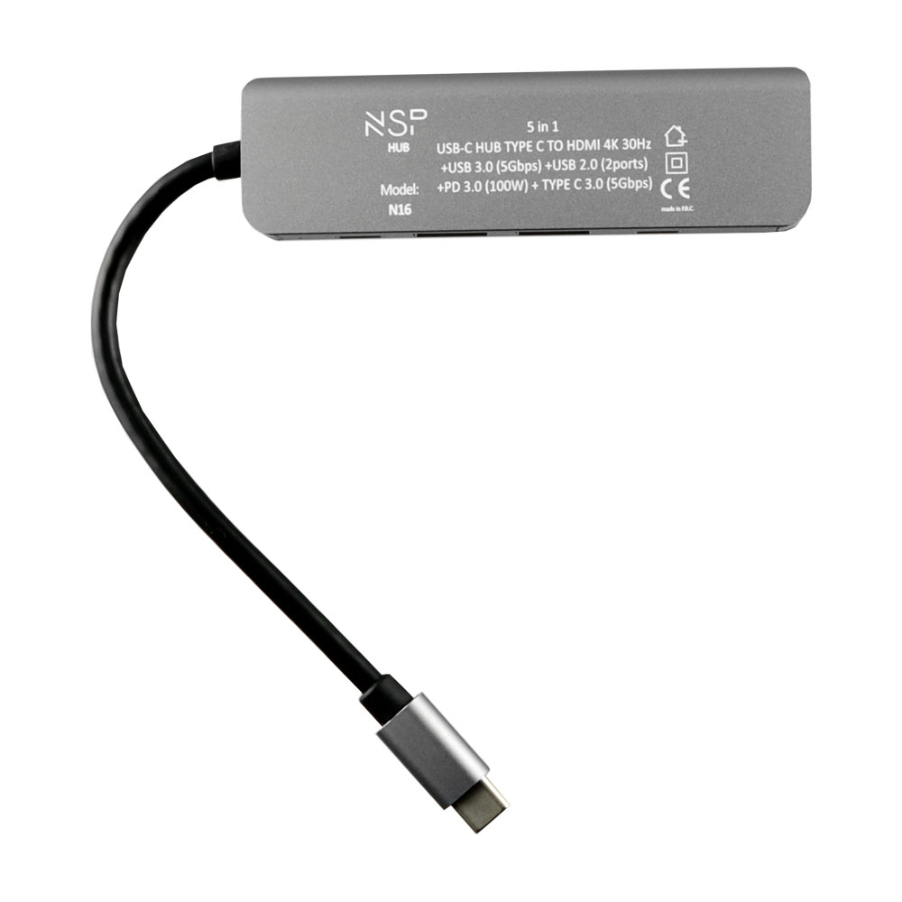 NSP N16 5 IN 1 USB-C HUB TYPE C TO HDMI 4K 30HZ/USB 3.0 5Gbps/2 USB 2.0/PD 3.0 100W/ TYPE C 3 5Gbps ALU GREY - Image 4