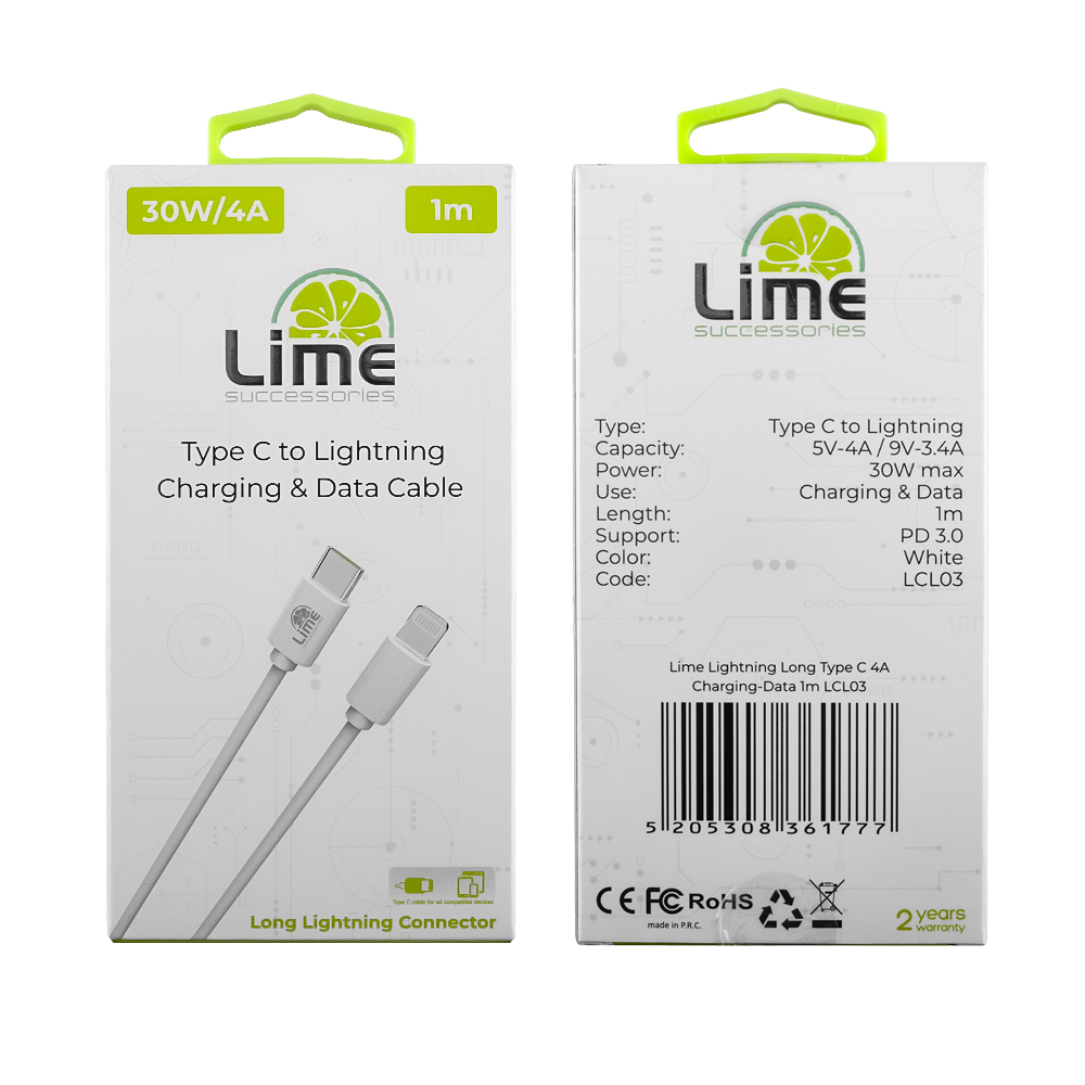 LIME LIGHTNING LONG TO USB-C TYPE C 4.0A ΦΟΡΤΙΣΗΣ-DATA 1m LCL03 30W WHITE - Image 5
