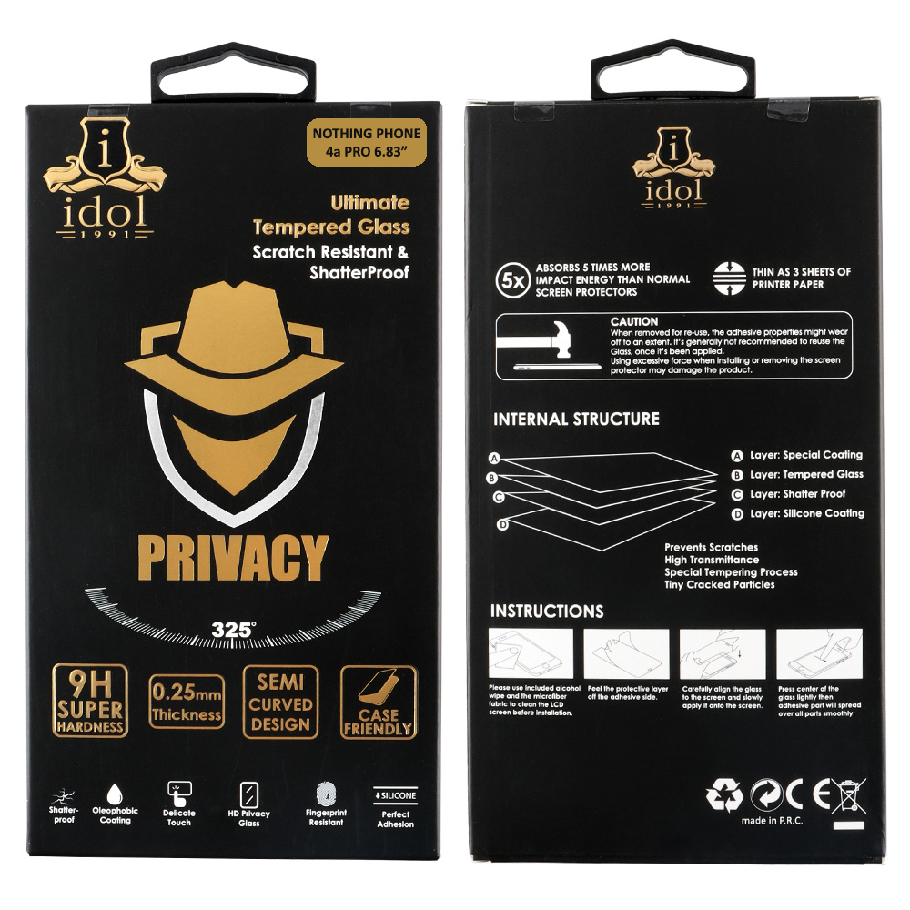 IDOL 1991 PRIVACY ANTISPY TEMPERED GLASS NOTHING PHONE 4a PRO 6.83in 9H 0.25mm SEMI CURVED FULL GLUE BLACK - Image 7