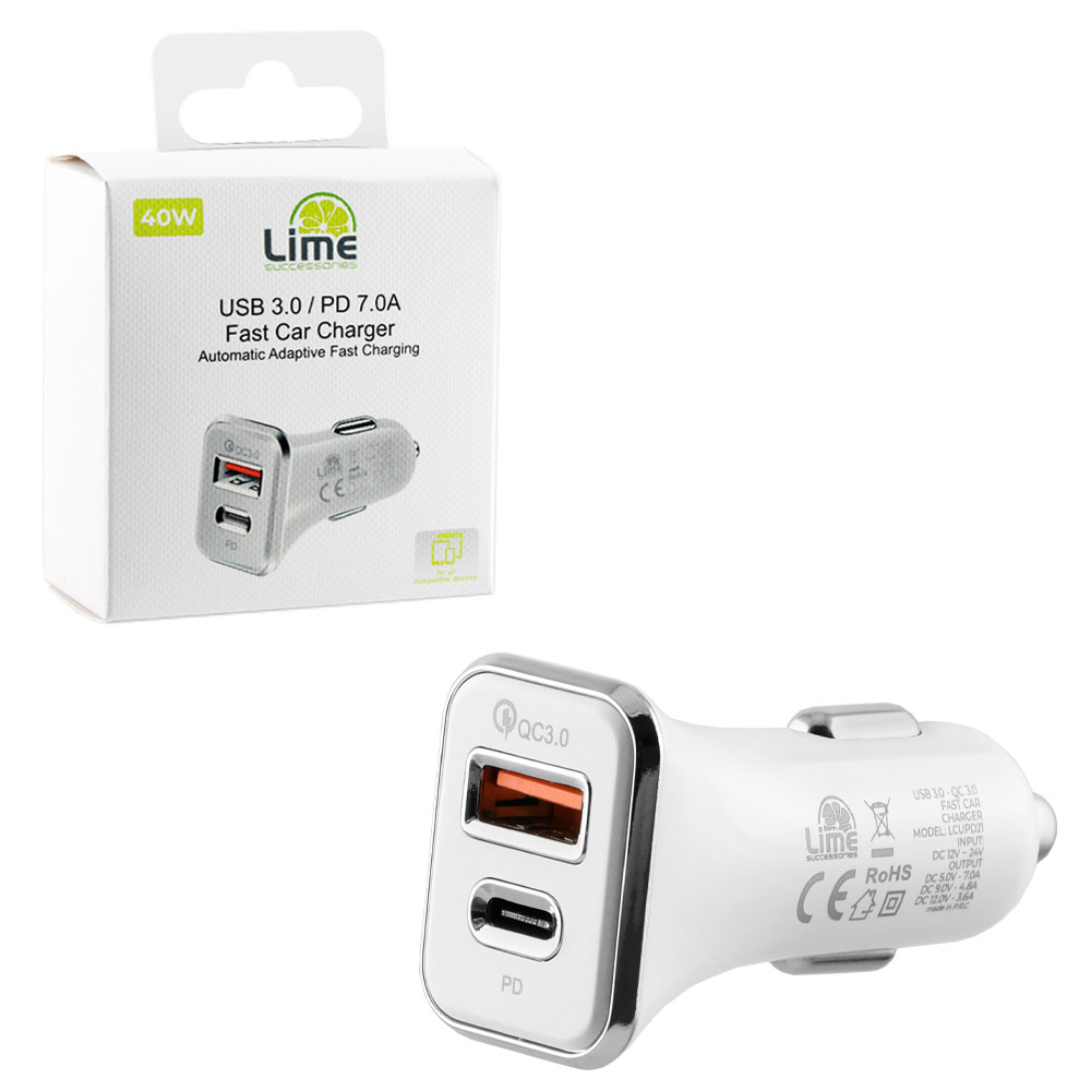 LIME DUAL ΦΟΡΤΙΣΤΗΣ ΑΥΤΟΚΙΝΗΤΟΥ USB 3.0/PD TYPE C FAST CAR CHARGER QC 3.0 LCUPD21 40W 5V-7A/9V-4.8A/12V-3.6A WHITE